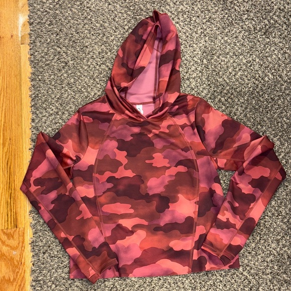 Athleta Pinnacle Women's Red Pink Camo Mantra Cropped Hoodie size small - Picture 3 of 4